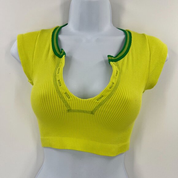 Out From Under Crop Top XS/S Yellow Green Trim Ribbed Notch Neck Seamless Tee - Picture 1 of 9